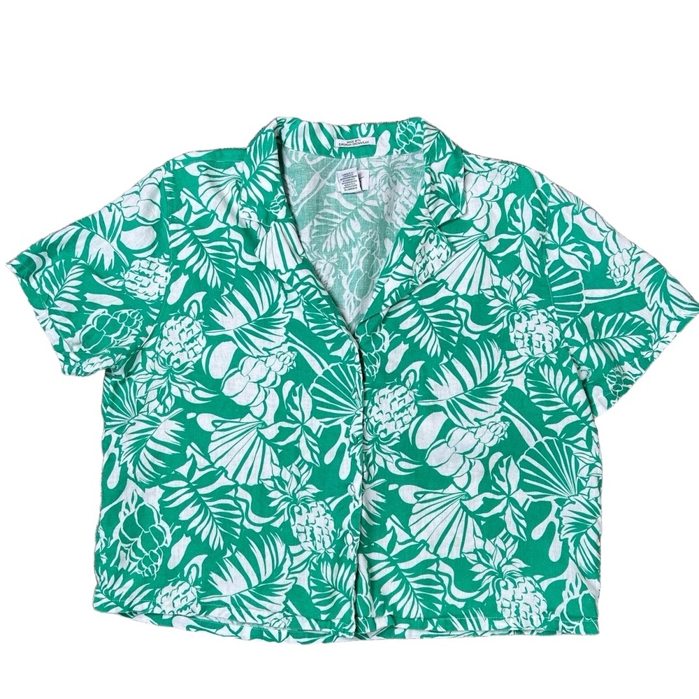 Nicole Miller Womens Large Green‎ White Tropical Linen Lounge Set Resort - Picture 2 of 9